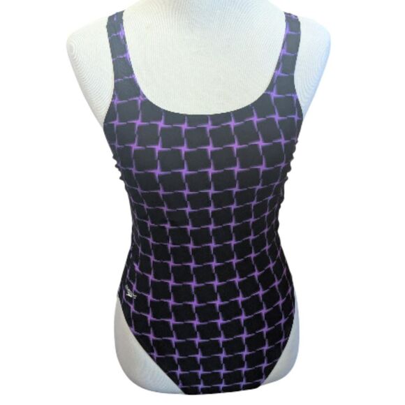 Speedo 10/36 Black Purple Grid Shattered Square Print One-Piece Swimsuit - Picture 1 of 3